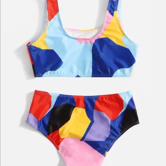 Tropical colorblock scoop neck wireless bra high waist bikini swimsuit Sz S - Picture 2 of 5